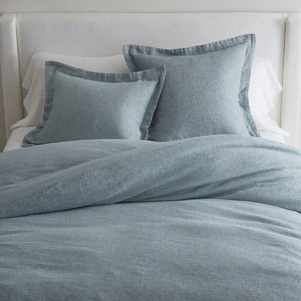 Pottery Barn European Flax Linen Waffle Duvet Cover Chambray Blue Full Queen NWT